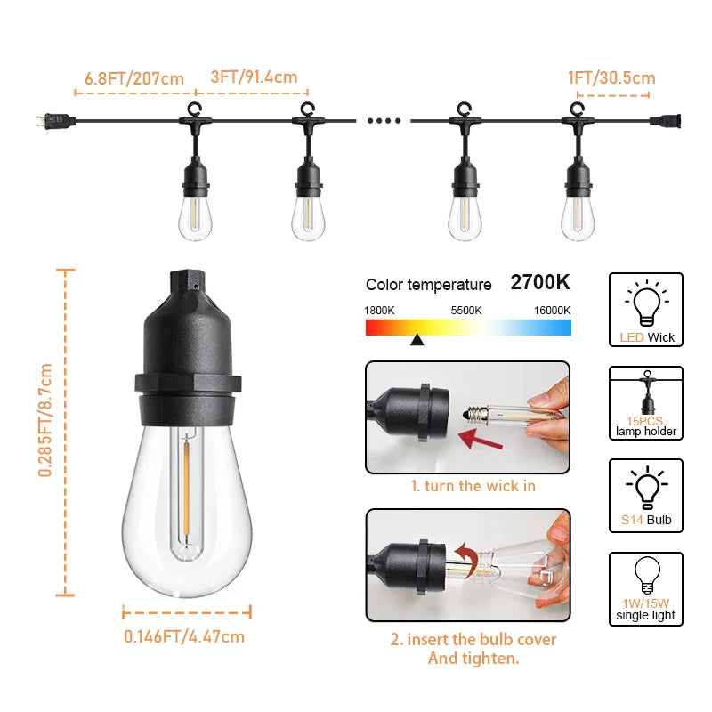 IP65 Commercial Grade 50FT LED Party Lighting Outdoor S14 String Lights For Patio Garden Holiday Wedding Light E27