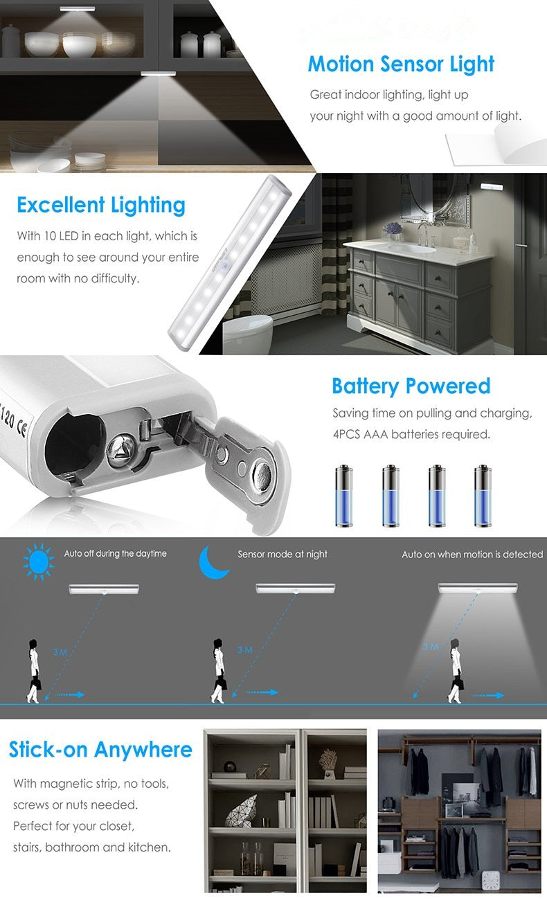 10 LEDs PIR LED Motion Sensor Light Cupboard Wardrobe Bed Lamp LED Under Cabinet Night Light For Closet Stairs Kitchen